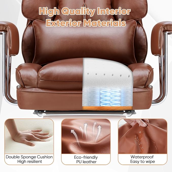 Sweetcrispy Executive Home Office Desk Chair - Ergonomic Big Tall High Back with Footrest & Lumbar Support, Reclining Height Adjustable, Comfy PU Leather Computer Gaming with Swivel Wheels, Brown