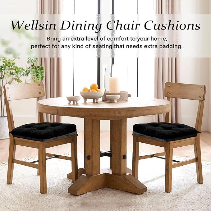 Wellsin Chair Cushions for Dining Chairs, Non-Slip Kitchen Chair Pads with Ties, Tufted Shredded Foam Kitchen Chair Cushions Set of 2, 15.5" X 15.5", Black