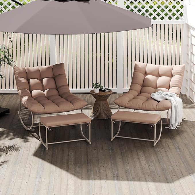 Outdoor Rocking Chairs Set of 2, Modern Papasan Rocking Chairs with Cushions, Upholstered Patio Rocking Chairs with Foot Rest, Cozy Metal Outdoor Lounge Rockers Recliner for Indoor, Khaki
