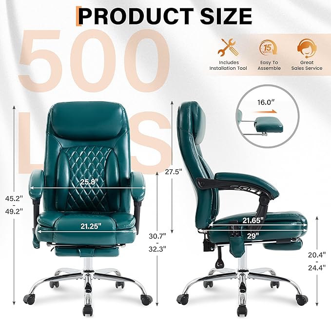 500LBS Massage Office Chair, 6 Points Vibration & Heat Executive Office Chairs, 135°Reclining Comfy Desk Chair with Foot Rest, Wider & Thicker Seat Cushion, PU Leather Big and Tall Gaming Chair, Green