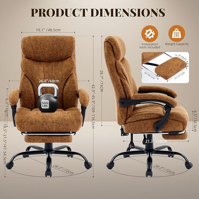 Garvee Comfortable Office Desk Chair 500 LBS, Big and Tall Office Chairs with Adjustable Flip-up Armrests,100-118°Recline Executive Leather Gaming Chair for Heavy People, Long Hours,Brown