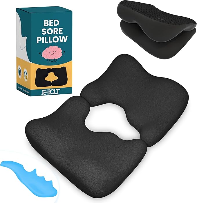 Memory Foam Bed Sore Cushion with T-Shaped Cutout – Pressure Relief Pillow for Tailbone, Coccyx & Butt | Dual-Piece Design with Massage Tool & Washable Cover for Sitting or Lying (Black)