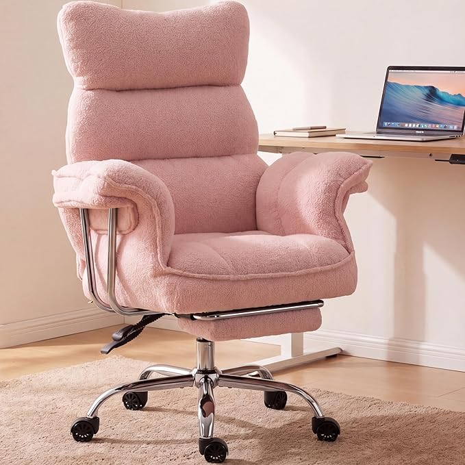 Dowinx Big and Tall Office Chair, Ergonomic Desk Chair with Thick Cushion, Wide Seat & Armrests Computer Gaming Chair,High Back Reclining Teddy Fleece Criss Cross Chair with Foot Rest, Pink