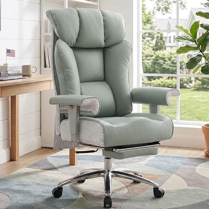 Efomao Big and Tall Office Chair 400lbs - Heavy Duty Executive Desk Chair with Foot Rest & 23" Wide Seat - High Back Ergonomic Leather Computer Chair for Heavy People, Home Office, Green