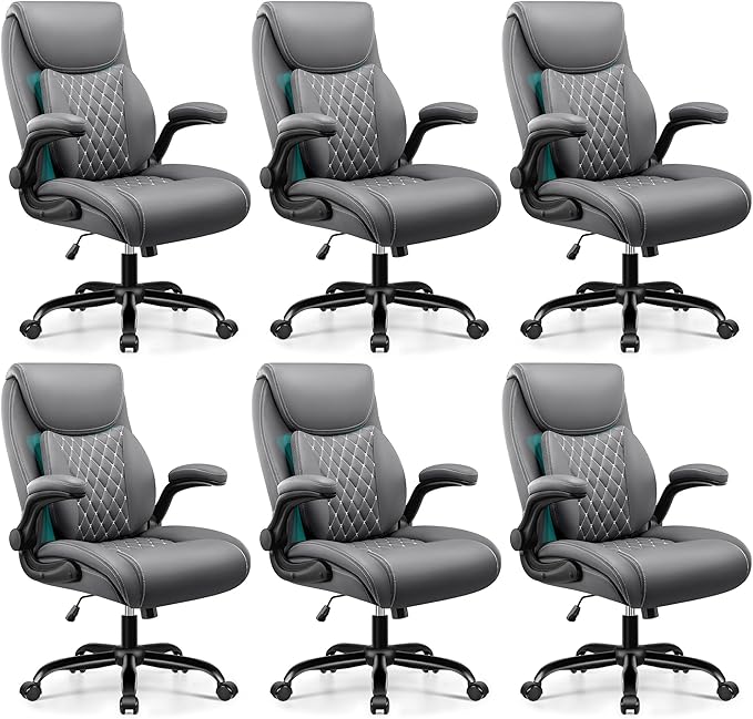 BESTFAIR Office Chair, Ergonomic Computer Desk Chairs with Lumbar Support for Lower Back Pain Relief, Executive Leather Home Chair Comfy with Padded Flip-up Armrests, Gray, 6-Pack