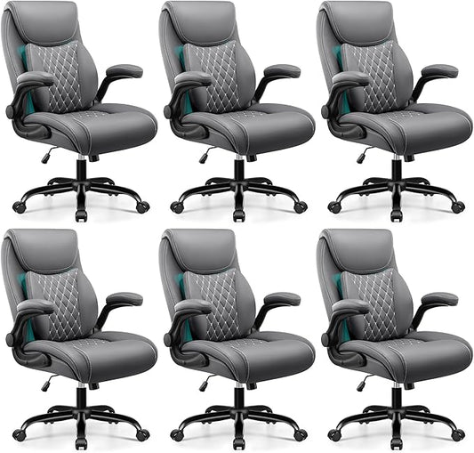 BESTFAIR Office Chair, Ergonomic Computer Desk Chairs with Lumbar Support for Lower Back Pain Relief, Executive Leather Home Chair Comfy with Padded Flip-up Armrests, Gray, 6-Pack
