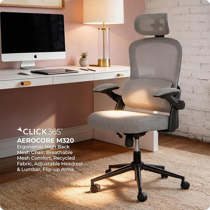 AeroCore M320 Ergonomic Office Chair, High Back Breathable Mesh Computer Chair with Lumbar Support, Adjustable Headrest & Tilt, Flip-Up Arms, 360° Swivel Home Office Desk Chair, Gray