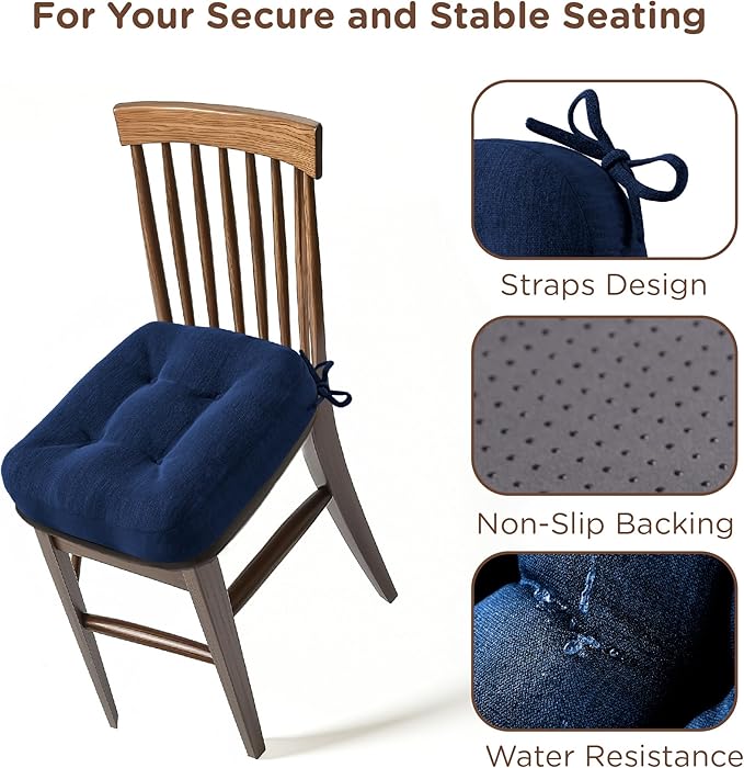 Codi 6 Pack Dining Chair Cushions, Thick Chairs Pads for Indoor Kitchen Room - Washable, Non-Slip Memory Foam Seat Cushion with Ties, 16.5"x16.5"x 3.5", Set of 6, Navy New