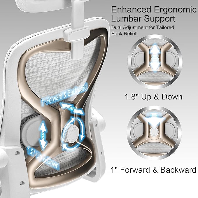 Ergonomic Office Chair for Back & Neck Pain Relief, Virgin Foam Seat, 2D Adjustable Lumbar & 3D Headrest, Tilt & Rock for Relaxation, Ideal for Long Sitting Comfort, White/Gold