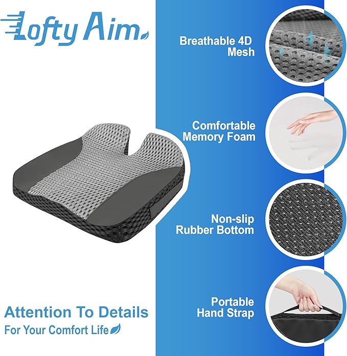 Lofty Aim Car Seat Cushion, Comfortable Memory Foam Seat Pillow for Driving, Sciatica-Back Pain Relief, Cushion for Car-Truck, Office, Wheelchair - Large Black & Gray