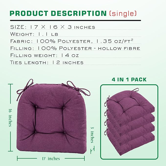 SQUARE MOON Chair Cushions for Dining Chairs, 3 Inch Thick Comfortable Kitchen Chair Pads, Dining Room Seat Cushions with Ties, Machine Washable, 17" x 16" x 3", 4/Pack, Purple
