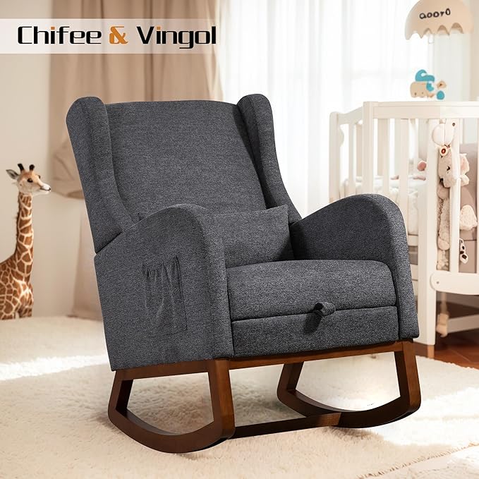 Chifee & Vingol Rocking Chair Nursery with Foot Rest & Pillow,Polyester,Dack Grey