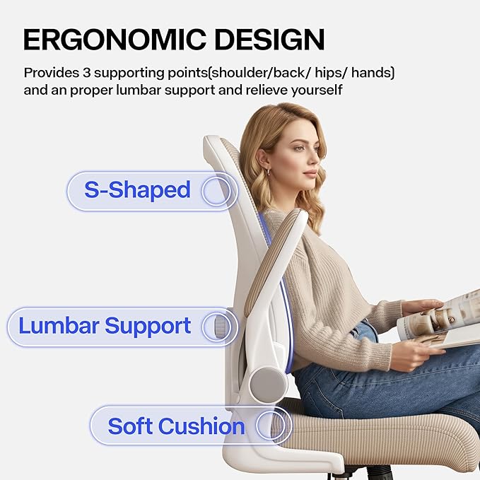 Office Chair, Ergonomic Desk Chair with Adjustable Lumbar Support Flip-up Arms,Comfortable Swivel Mesh Back Computer Chair Executive Task Chair for Home Office Use (Khaki)