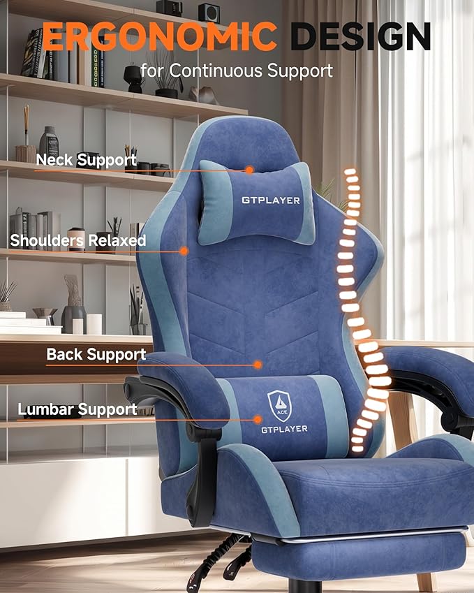 GTPLAYER Gaming Chair with Footrest, Computer Gaming Chair for Adults and Kids, Height Adjustable Gamer Chair with 90-155° Recline & Removable Headrest Lumbar Support,Performance Fabric Blue