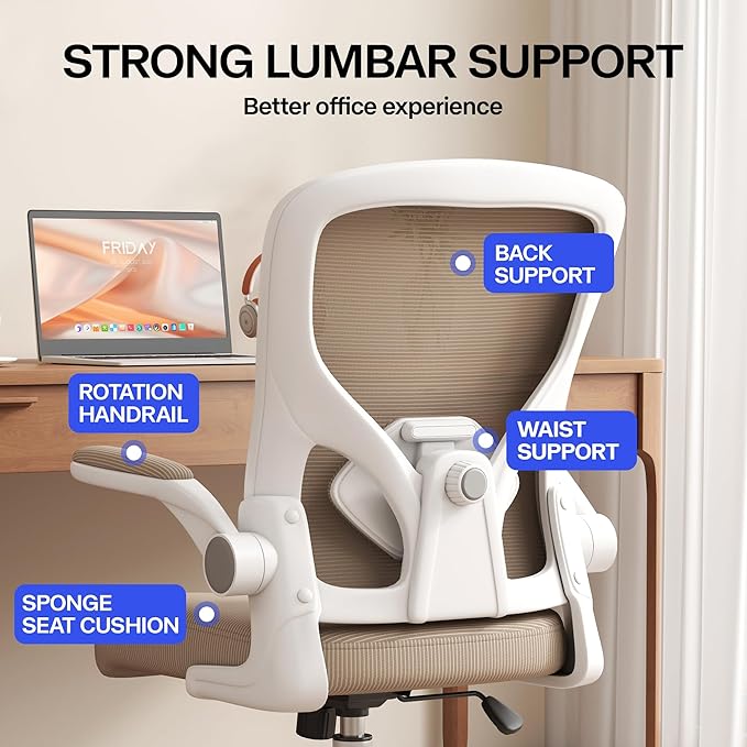 Office Chair, Ergonomic Desk Chair with Adjustable Lumbar Support Flip-up Arms,Comfortable Swivel Mesh Back Computer Chair Executive Task Chair for Home Office Use (Khaki)
