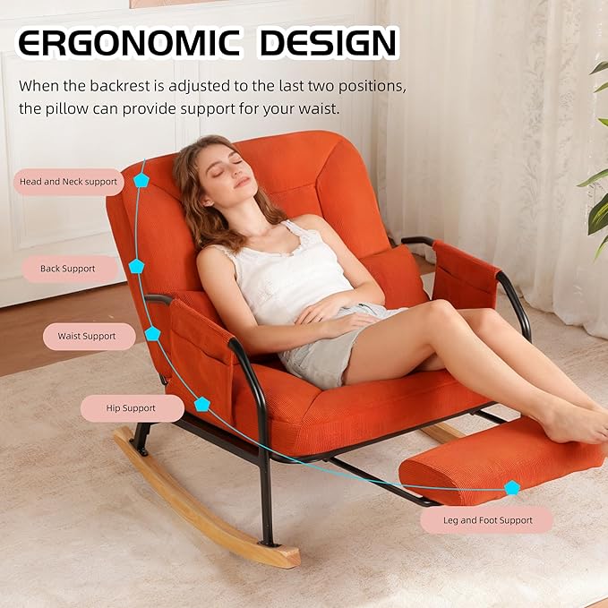 Oversized Reclining Rocking Chair with Foot Rest, 110°–160° Adjustable Backrest, Upholstered Armchair with Side Pocket for Nursery and Living Room, Brown