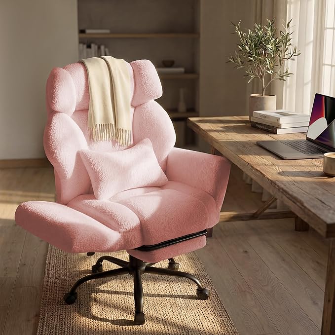 Office Chair with Flip Armrests,Big and Tall Office Chair with Foot Rest,Extra Wide Seat & Lumbar Pillow,Comfy Criss Cross Chair for Pets Sitting,Ergonomic Computer Gaming Chair,Teddy Fleece,Pink