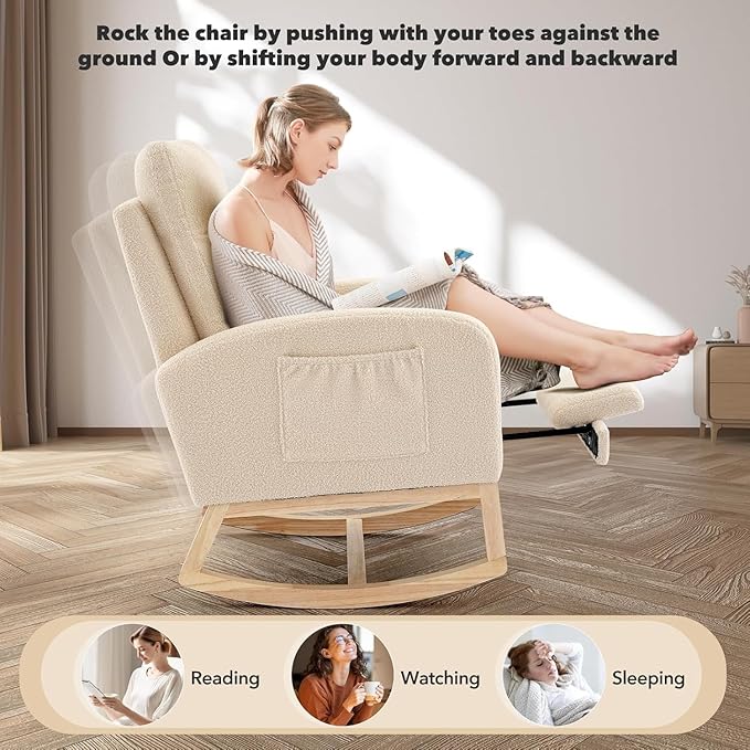 Rocking Chair Nursery Chairs with Foot Rest, Recliner Armchair with High Backrest& Wood Legs and Side Pocket for Living Room,Bedroom,Beige