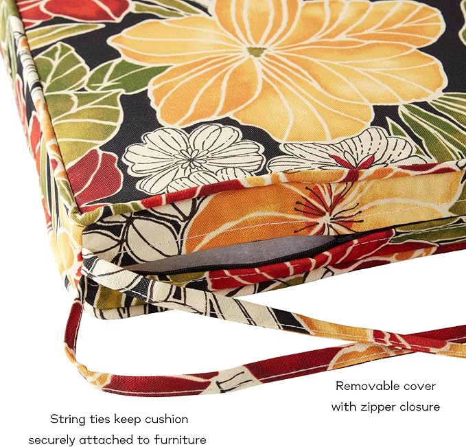 Outdoor 18 inch Square Patio Dining Chair Pads – Comfortable Fiber-Filled Seat Cushions with Ties, Reversible Polyester Fabric - Aloha Black Floral, Set of 2