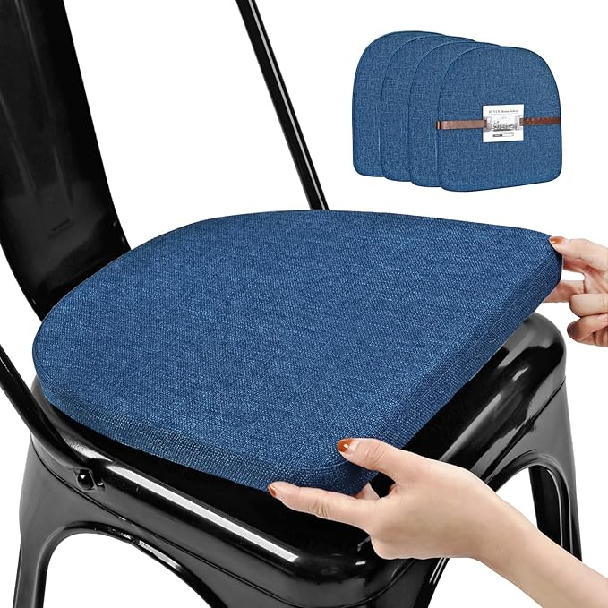 BUYUE Friendly Woven Fabric 14x14 Magnetic Cushions for Metal Chair Set of 4, Enhanced Anti-Slip Seat Pads for Dining Kitchen Café Stackable Chairs (U-Shape, Dark Blue, 4 Counts)