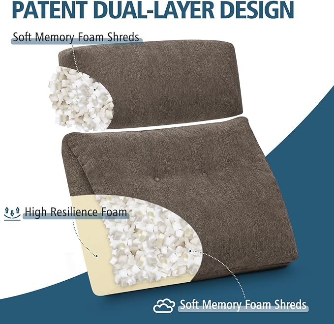 Lumbar Support Pillow for Recliner Chair with Headrest, Dual-Layer Large Back Pillow for Deep Couch & Sofa, Memory Foam Lower Back Support Cushion Set for Sciatica Relief Brown