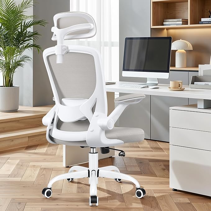 BESTFAIR Office Chair Ergonomic Desk Chair, Breathable Mesh Office Chairs with Adjustable Lumbar Support, Flip-Up Arms, Computer Desk Chair Comfy for Home Office, Light Gray