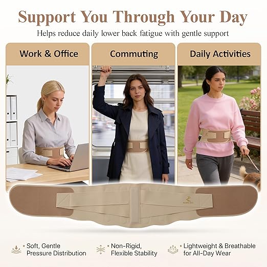 RANDY SUN Upgraded Ultra Thin Back Brace with EVA Pad, Invisible Lumbar Support Belt for Women & Men, Breathable Waist Support for Work & Daily Wear Light Taupe S(Waist:26"-28")