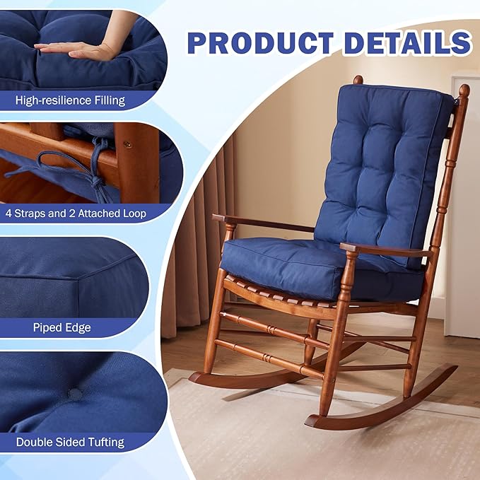 IPYNBAP Rocking Chair Cushion, Waterproof and Fade-Resistant Patio Chair Cushions, Tufted Chair Pads for Rocker Furniture, 17x17 Inch, Indoor/Outdoor Seat Cushions with Ties, Navy Blue (Pack of 2)