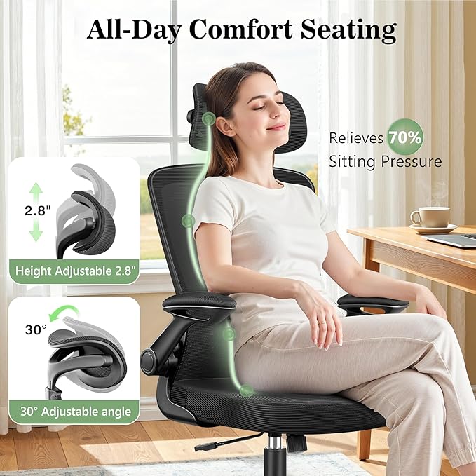 BESTFAIR Office Chair Ergonomic Desk Chair, Breathable Mesh Office Chairs with Adjustable Lumbar Support, Flip-Up Arms, Computer Desk Chair Comfy for Home Office, Black