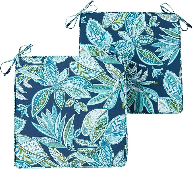 Outdoor 18 inch Square Patio Dining Chair Pads – Comfortable Fiber-Filled Seat Cushions with Ties, Reversible Polyester Fabric - Botanical Crestwood, Set of 2