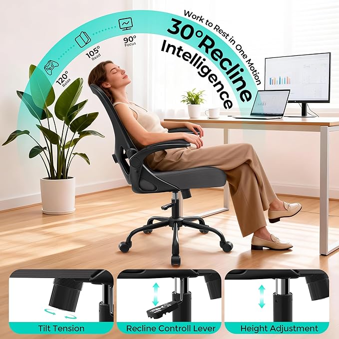 AreShark Office Chair - Ergonomic Breathable Mesh Desk Chair with Adjustable Lumbar Support and Flip-up Armrests - Executive High Back Rolling Swivel Comfortable Computer Gaming Chair for Home Office