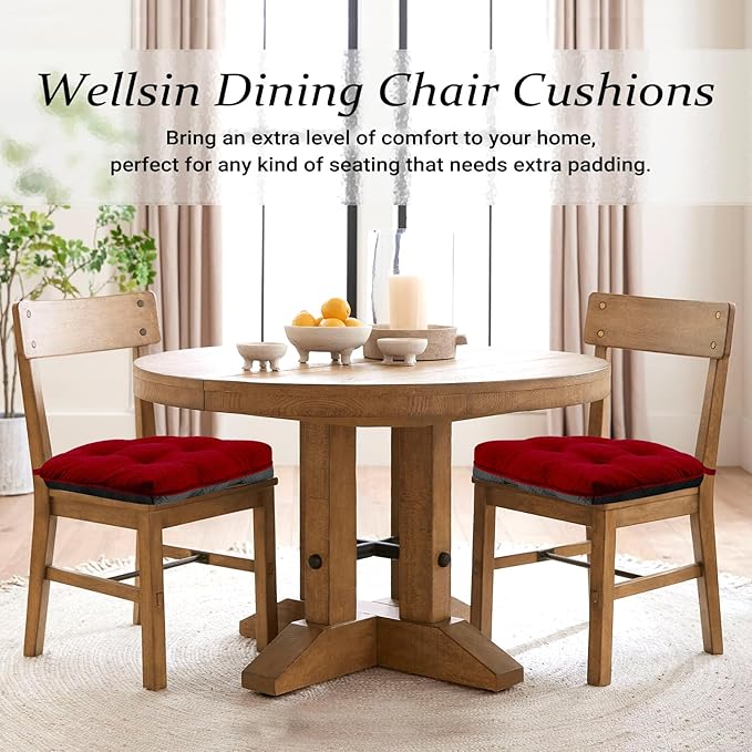Wellsin Chair Cushions for Dining Chairs, Non-Slip Kitchen Chair Pads with Ties, Tufted Shredded Foam Kitchen Chair Cushions Set of 2, 15.5" X 15.5", Red