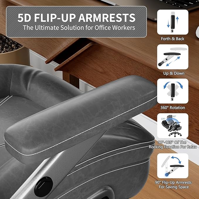 Big and Tall Office Chair, 600lbs Heavy Duty Desk Chair with 5D Arms, Adjustable Lumbar Support & Height, Tilt Function, PU Leather High Back Ergonomic Executive Computer Chair