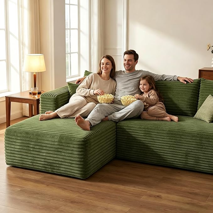 94" Green Boneless Couch with Left Facing Chaise for Living Room,Corduroy L-Shaped Sectional Couches,Compressed Memory Foam Cloud Sofa,No Assembly Required,Green