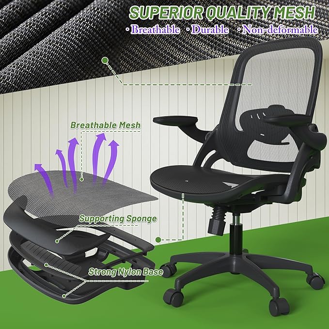 Full Mesh Home Office Desk Chair with Flip Up Arms Height Adjustable Lumbar Support Swivel Wheels for Adult