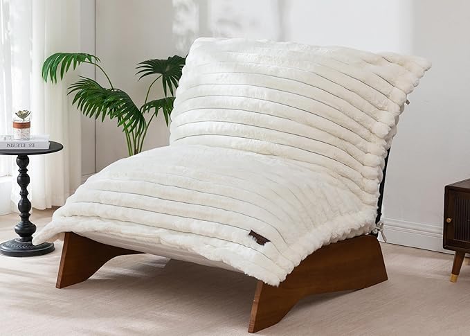 MAXYOYO Adjustable Living Room Chair, Convertible Bean Bag Chair & Recliner with Frame, Removable Cushion Floor Sofa Striped Fabric, Soft Upholstered Lounge for Bedroom, Dorm, Beige