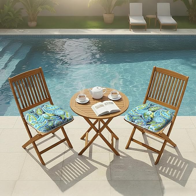 DYTXIII Set of 2 Outdoor Chair Cushions with Ties,Water Repellent Patio Chair Pads 17"x 16" for Outdoor Furniture,Round Corner Seat Cushions for Garden Yard Kitchen Paisley Lapis Green