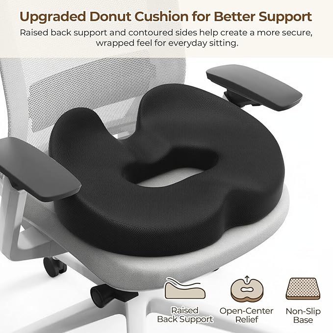 TushGuard Ergonomic Donut Pillow Seat Cushion with Raised Rear Support, Large Memory Foam Cushion for Tailbone, Hemorrhoids & Sciatica Relief, Office Chair, Car, Travel, Postpartum, Black