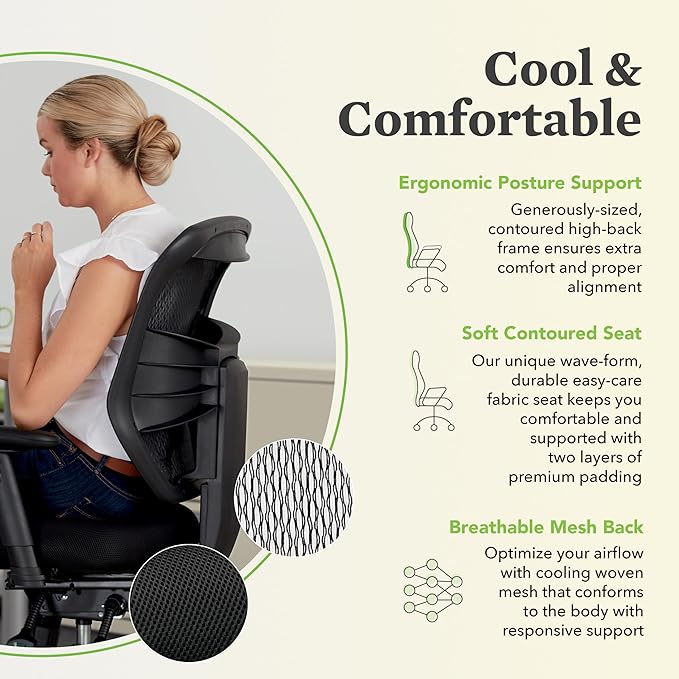 HON Prominent Ergonomic Mesh Office Chair with Adjustable Arms and Advanced Synchro‑Tilt Recline, High Back Desk and Computer Chair for Home Office or Workstation, Lumbar Support, Black