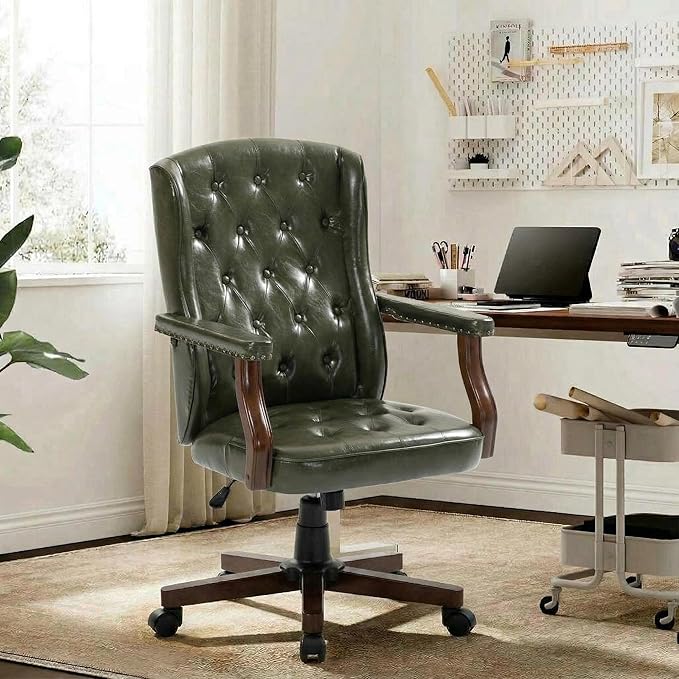 Executive Office Chair, Ergonomic Faux Leather Desk Chair with Wingback Design, Swivel Adjustable Home Office Chair for Computer Desk, Comfortable Task Chair for Home Office, Dark Green