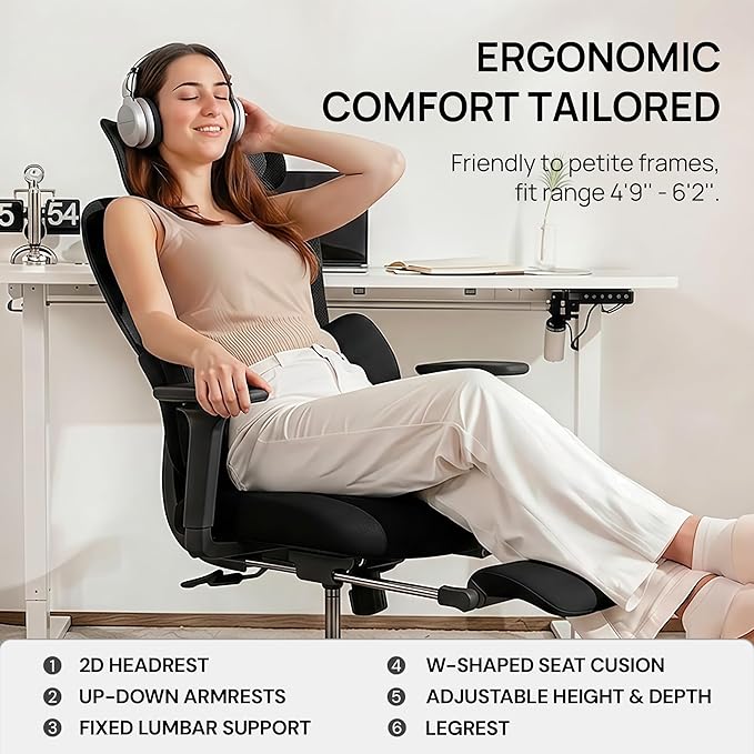 CabLady S1 Petite Ergonomic Home Desk Chair with Footrest and Headrest, High Back Fixed Lumbar Support with Detachable Pillow, Reclining Cute Office Chair for Women & Girls, 300 LBS Capacity