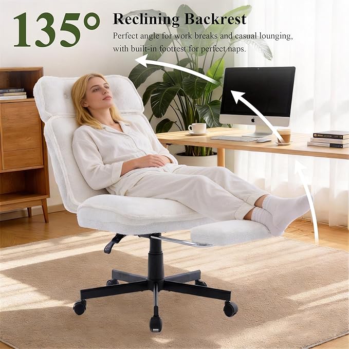 Criss Cross Chair with Wheels, Wide Seat Cross Legged Office Chair with Footrest, Adjustable Headrest & Reclining Backrest, Upholstered Ergonomic Desk Chair for Home Office, Gaming, Vanity (White)
