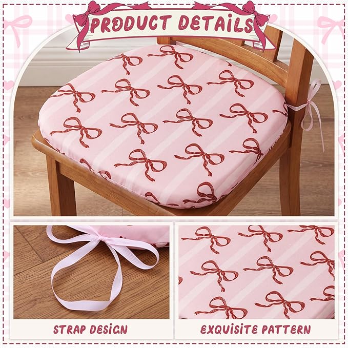6 Pack Pink Bow Chair Cushions for Dining Chairs 17" x 16" x 2" D-Shaped Breathable Linen Kitchen Chair Pads with Ties Washable Non Slip Seat Cushion for Dining Kitchen Office Indoor
