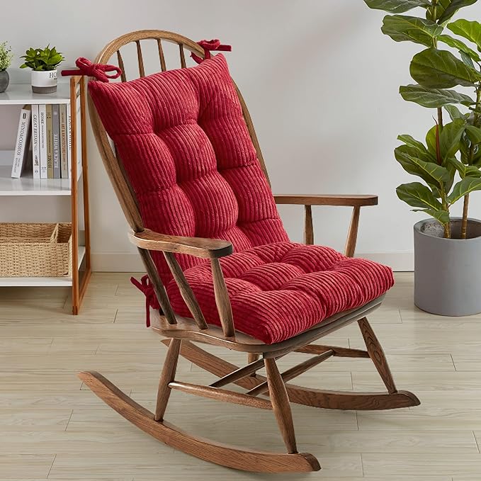 Rocking Chair Cushion Premium Tufted Pads Non Skid Slip Backed Crushed Velvet Cover Set of Upper and Lower with Ties, 21 in x 17 in | 17 in x 17 in, Velvet Red