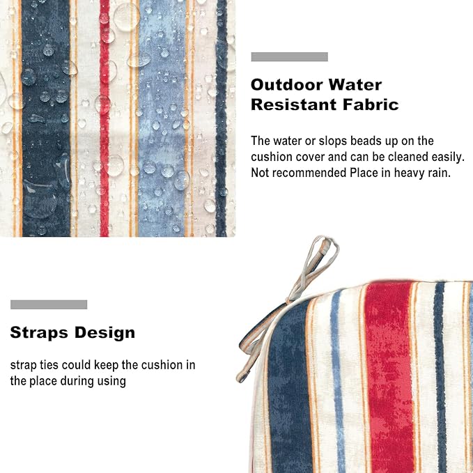 DYTXIII Set of 4 Outdoor Chair Cushions with Ties,Water Repellent Patio Chair Pads 17"x 16" for Outdoor Furniture,Round Corner Seat Cushions for Garden Yard Kitchen Stripe Red Blue