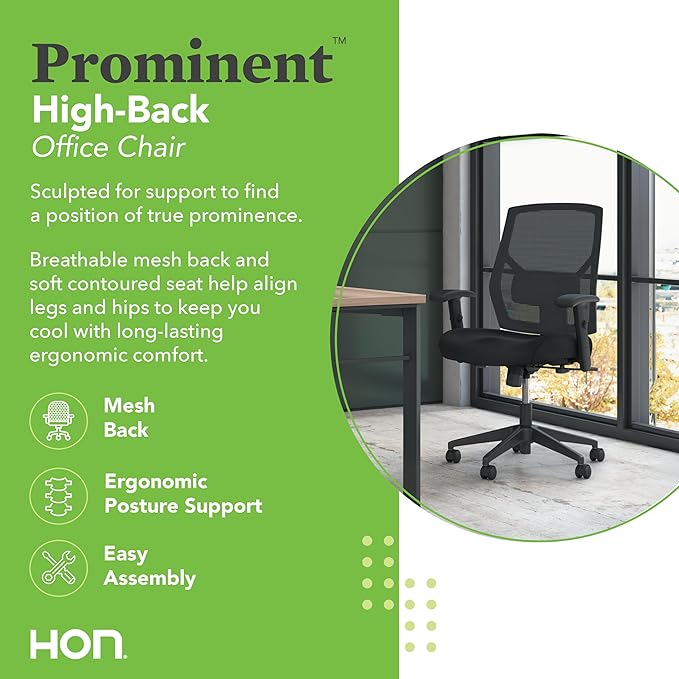HON Prominent High Back Ergonomic Office Chair with Adjustable Center‑Tilt Recline, Height Adjustable Arms, Swivel Desk and Computer Chair for Home Office or Workstation, Black