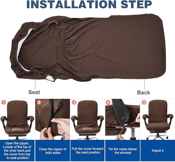NeColorLife Office Chair Cover with Armrest Covers Stretchable - Zippered High Back Seat Cover for Extra Large Executive Desk Chairs, Big Tall Man(X-Large Size, Coffee)