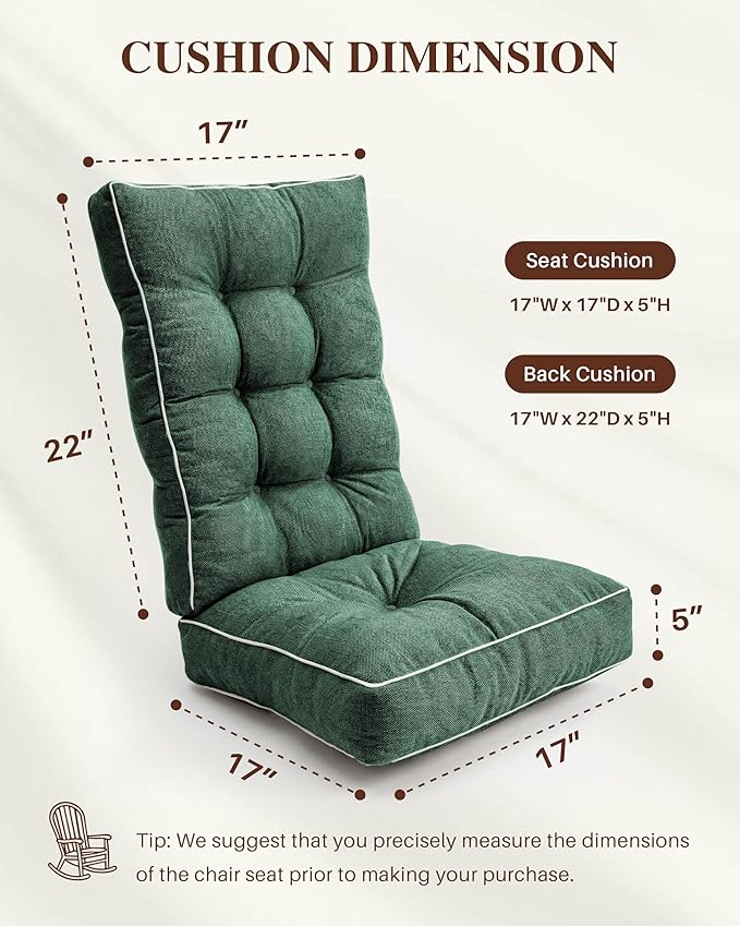 Rocking Chair Cushions Indoor, 5-inch Thicken Seat Cushion with Memory Foam Non-Slip Tufted Chair Pads Set of Seat & Back Cushion for Outdoor Rocker Living Room, Dark Green, 22x17x5/17x17x5