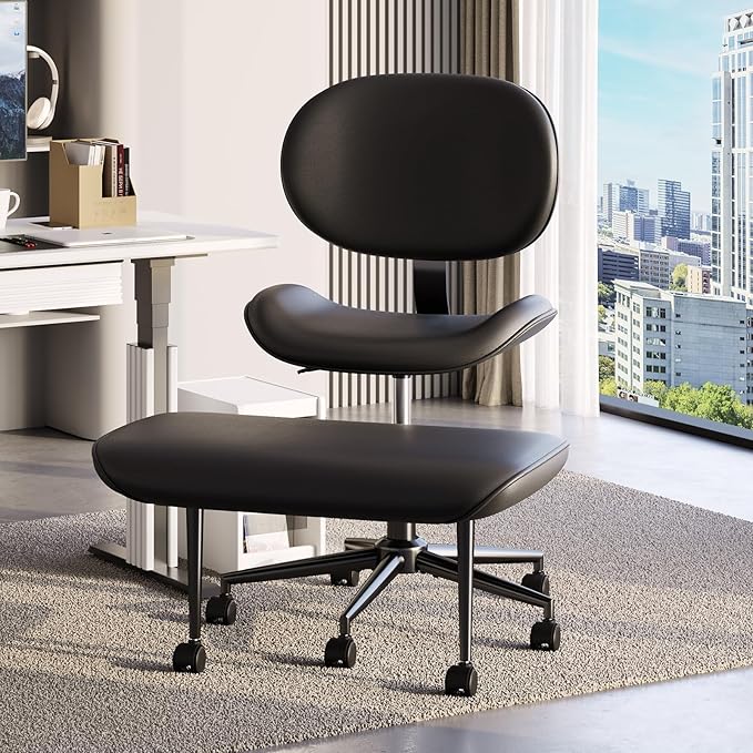 Pinmoco Cross-Legged Office Chair with Footrest, PU Leather Armless Desk Chair, Wide Padded Seat for Cross Leg Sitting, Adjustable Height & Swivel, Modern Home Office Chair, Black