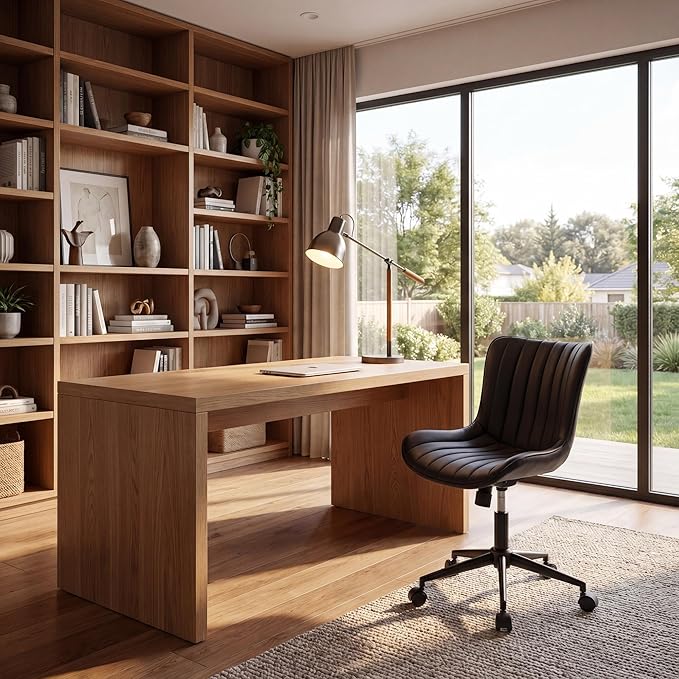 YOUNIKE Black Home Office Desk Chair with Wheels Comfy Armless Cute Vanity Chair with Adjustable Rocking Back Modern Leather Upholstered Rolling Swivel Small Task Drafting Sewing Chair Compact